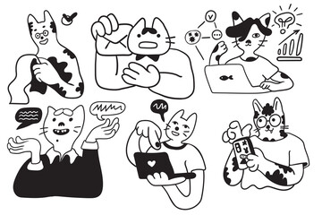 set of cat characters in vector. business icon in doodle style. linear illustration infographics. Template for logo sticker poster icon app website. Business icon series