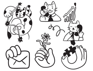 set of cat characters in vector. business icon in doodle style. linear illustration infographics. Template for logo sticker poster icon app website. Business icon series