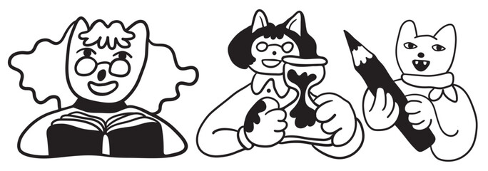 set of cat characters in vector. business icon in doodle style. linear illustration infographics. Template for logo sticker poster icon app website. Business icon series