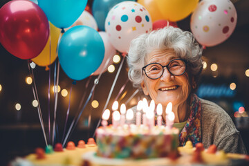 Cheerful senior woman celebrating her birthday. Grandma looking at birthday cake with lit candles, colorful balloons on background - obrazy, fototapety, plakaty