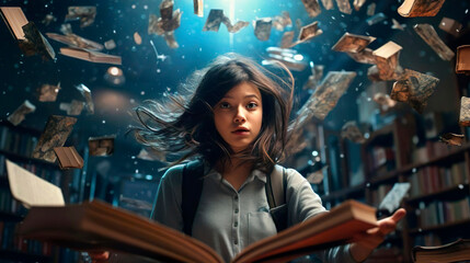 Fantasy girl pupil studying learning for passing exams, education concept. High school student with floating flying levitating books in the air. Young magical sorceress finding information in college