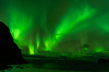 Awesome Northern lights over the beach, reflection in the silky water. Lofoten islands, Norway.