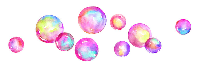 A set of pink watercolor soap bubbles isolated on a white background. Hand drawn watercolour colorful elements in a row