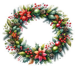 Fototapeta na wymiar Floral Holiday Wreath with Christmas Decorations