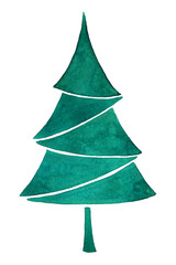 Watercolor green Christmas fir tree, decorative winter holidays design element. Hand drawn watercolour art illustration isolated on white