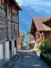 Wooden buildings on the shore of Lake Brienz in Switzerland