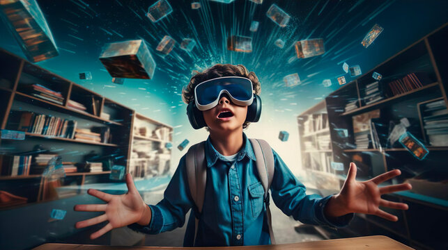 Surprised schoolboy boy pupil with VR glasses studying at classroom. Simulation science. Student uses a virtual reality headset to study. Futuristic lifestyle learning mathematics and geometry