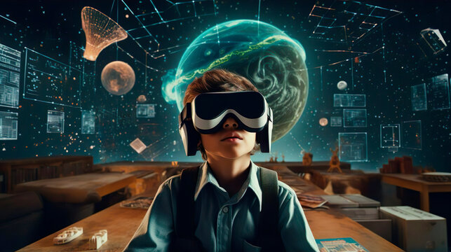 Surprised schoolboy boy pupil with VR glasses studying at classroom. Simulation science. Student uses a virtual reality headset to study. Futuristic lifestyle learning astronomy and planets. Virtual