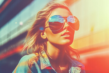 Portrait of a young woman in sunglasses on a blurred background, retro photo