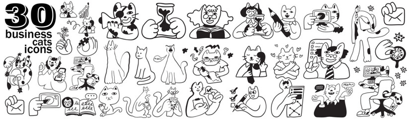 set of cat characters in vector. business icon in doodle style. linear illustration infographics. Template for logo sticker poster icon app website. Business icon series