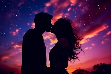 A romantic silhouette of a couple against the background of a twilight sky, surrounded by stars