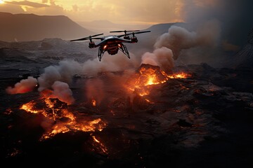 Drone flyina above lava, shot with drone, Generative AI