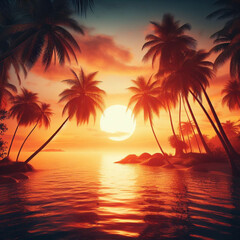 Unreal and dreamlike landscape with palms and ocean