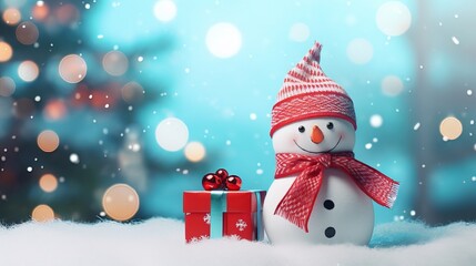 Christmas giftbox with snowman and lights bokeh background. Generative ai
