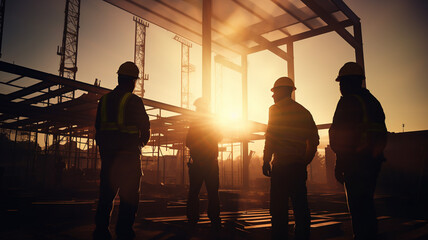 Silhouette of engineer and construction team working at site, industry background