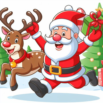 Cartoon image of Santa Claus and his reindeer