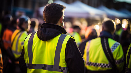 Security officer with yellow vest at crowd control event in a city  - obrazy, fototapety, plakaty