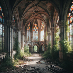 Obraz premium Abandoned Gothic church with vegetation and broken glass