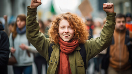Young adult female protester raising her fist up at a climate change protest  - obrazy, fototapety, plakaty