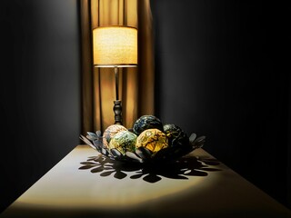 Still life composition with black and gold background