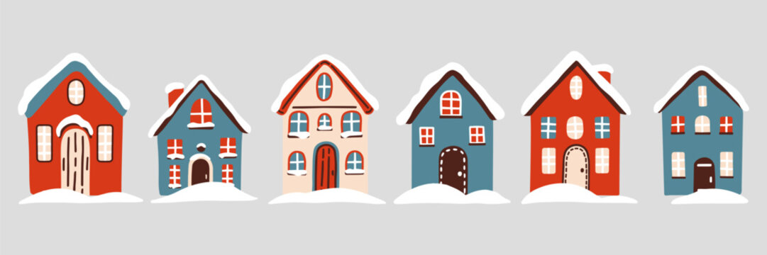 Winter houses set in Scandinavian simple retro style. Vintage hand drawn cartoon clipart for Christmas decoration, card, poster, flyer, print and pattern. Vector illustration.