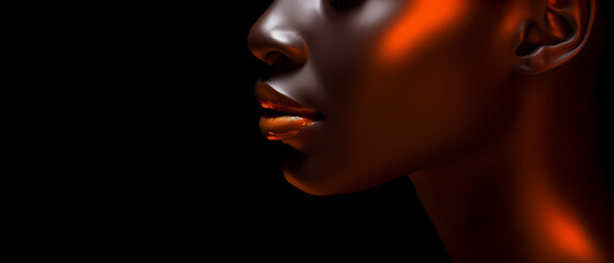 A bronze African woman on a dark gold background. Luxury and premium photography.