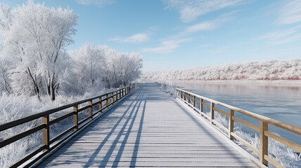 Fototapeta premium Winter landscape at lake next to forest 