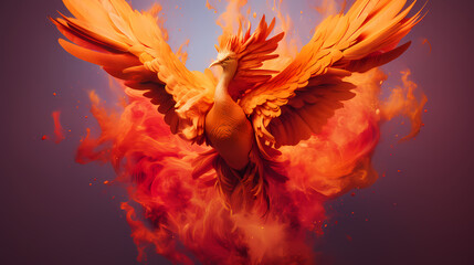 Fenix ​​pops out from an explosion of red and gold colored smoke - obrazy, fototapety, plakaty