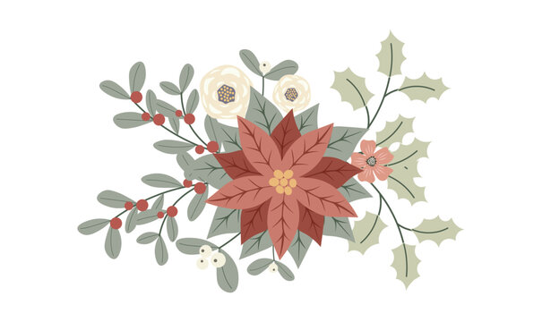 Winter Christmas floral composition with pancetta and red berries. Design for Holidays invitation card, poster, banner, greeting card, postcard
