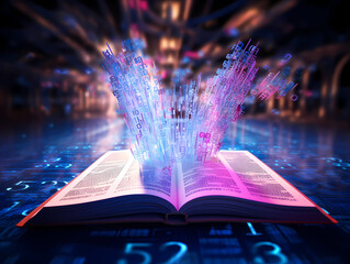 
3d rendering of an open book from which numbers emerge in the style of numerology, a combination...