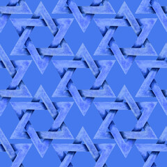 Star of David watercolor background illustration. Jewish Israeli religious symbol seamless pattern. Judaism sign. Light blue six pointed geometric figure. Handdrawn watercolour artistic wallpaper