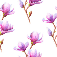 Hand drawn watercolor magnolia seamless pattern