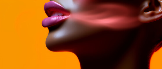 Makeup lips on a black woman, background is orange