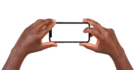 Taking picture with a smart phone with blank screen isolated on transparent or white background	
