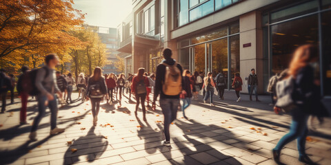 College students walking in a rush on college university campus - obrazy, fototapety, plakaty