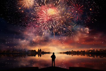Fototapeta na wymiar Silhouette of a man standing on a pier and watching fireworks