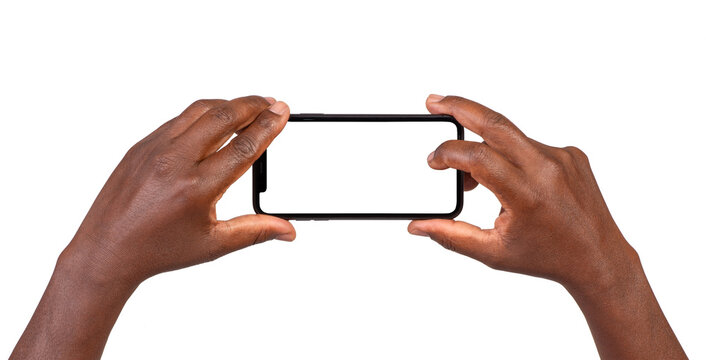 Taking picture with a smart phone with blank screen isolated on transparent or white background	
