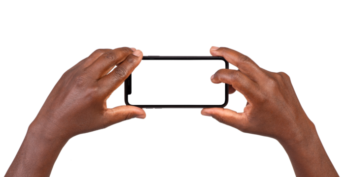 Taking picture with a smart phone with blank screen isolated on transparent or white background	
