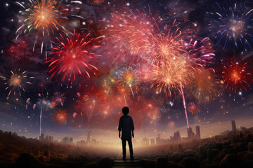 Fototapeta na wymiar Back view of boy standing on the edge of footpath and looking at fireworks