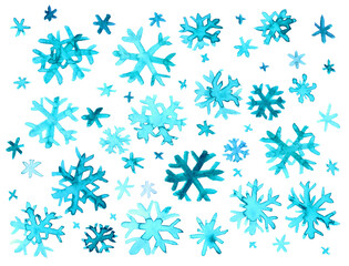 Collection of hand drawn doodle watercolor snowflakes.