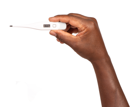 Man holding an electronic medical thermometer with healthy normal 36.6 temperature, isolated on white or transparent background