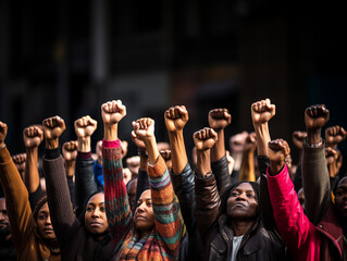 Group of mixed race people raising fists in the air, concept of protests social justice and equality