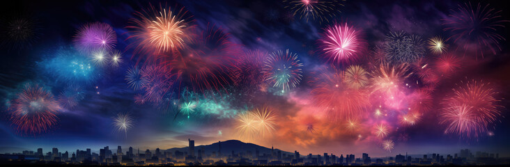 Fototapeta na wymiar Fireworks and city skyline panorama at night with space for text