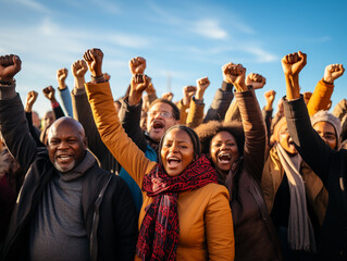 Group of mixed race people raising fists in the air, concept of protests social justice and equality