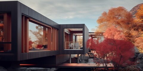 Modern Architecture - a residence on Rocky Mountain surrounded by colorful foliage.