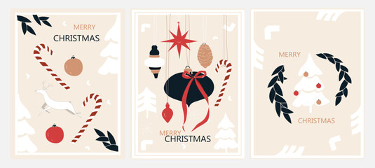 Merry Christmas and Happy New Year set of greeting cards, posters, holiday covers. Christmas design in red, beige, white colors. Christmas tree, balls, snowflakes, deer, lollipops.
