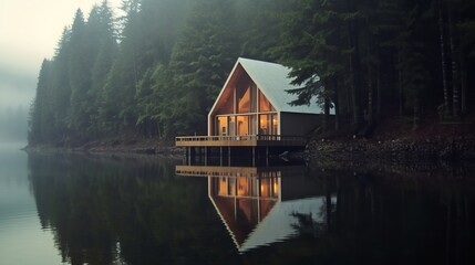 A lodge by the lake surrounded by a beautiful green forest in the morning. - obrazy, fototapety, plakaty