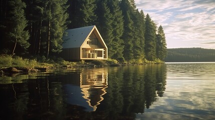 Obraz premium A lodge by the lake surrounded by a beautiful green forest in the morning.