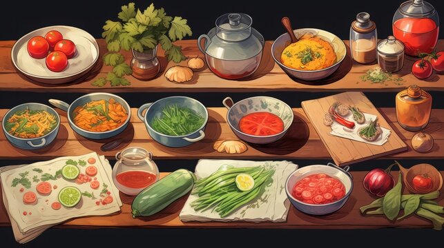 vegetables and spices lie on the table.
