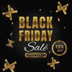 Fototapeta na wymiar Black Friday Sale In Black Banner And Golden Gift Design With Discount Up to 15% off. Limited Time Only. Vector illustration. Special Sale. Shop Now.